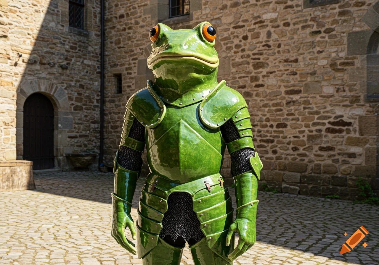 A photorealistic image of a person dressed in shiny green frog-shaped ceramic knight armor standing in a stone castle courtyard.
