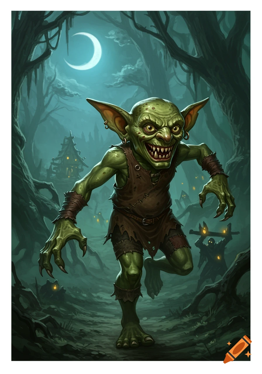 A green goblin with sharp teeth and ragged clothes runs through a dark, moonlit swampy forest.