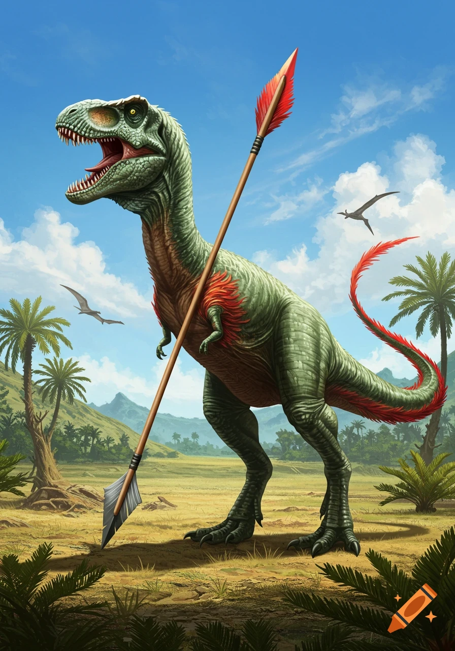 A stylized green T-rex with red feathers, pierced by a large arrow, stands in a prehistoric landscape under a blue sky.