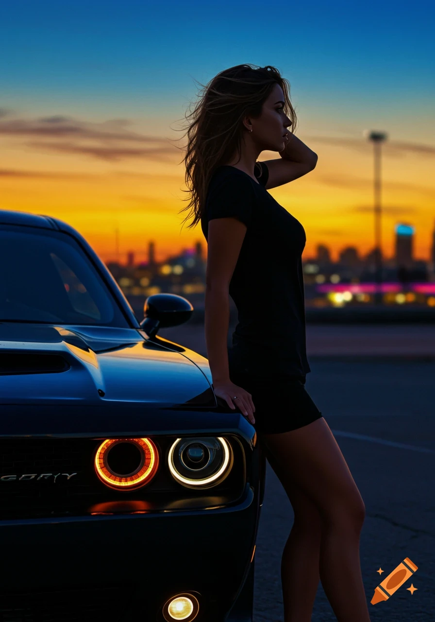 A woman in a black t-shirt stands next to a black Dodge Challenger at sunset with a city skyline.