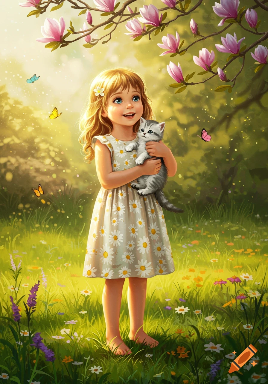 A young girl holding a gray kitten stands in a vibrant spring meadow under magnolia blossoms and butterflies, digital painting.