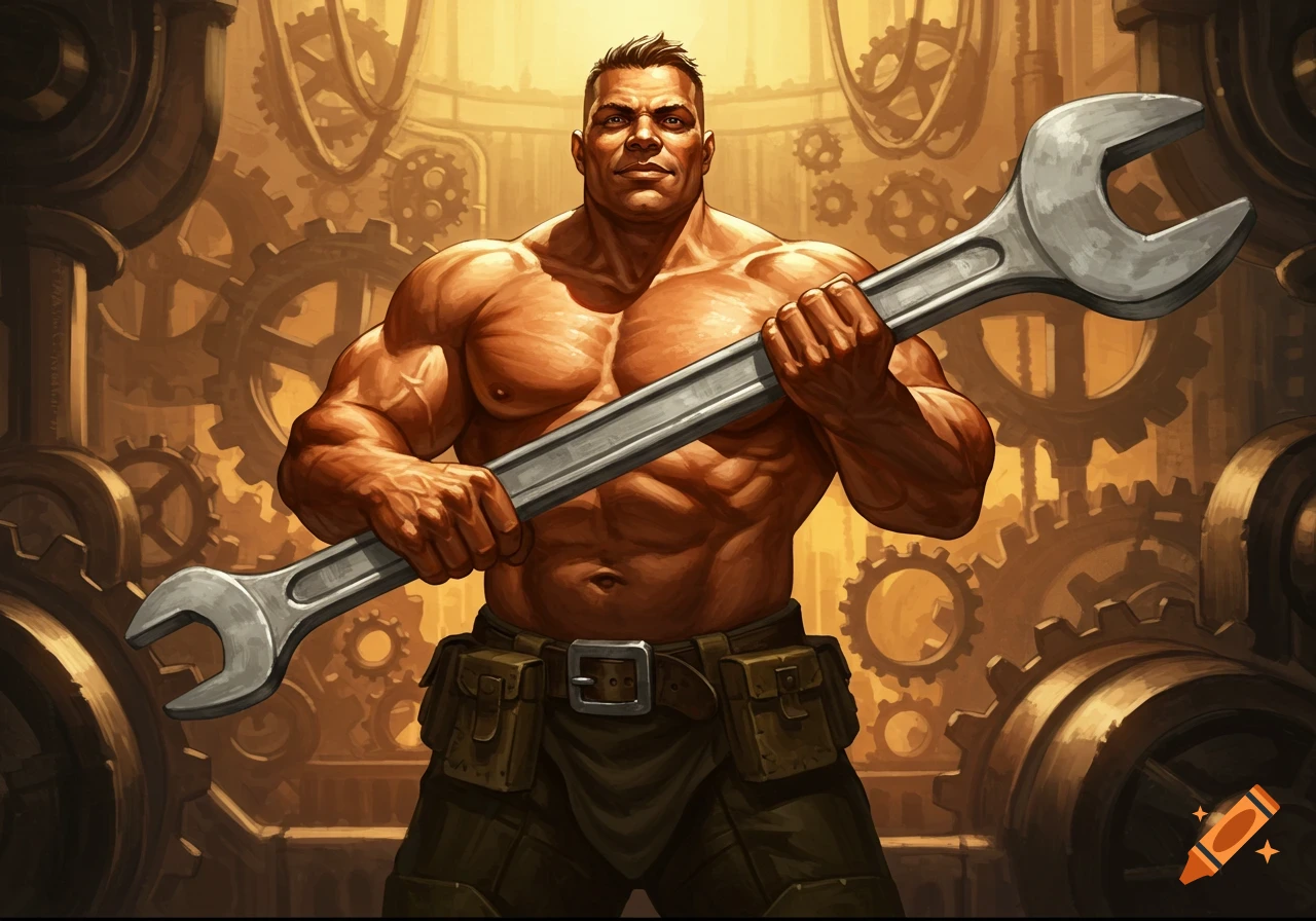 A powerful, shirtless man with a muscular physique holds a large wrench in a stylized illustration with a steampunk industrial background.