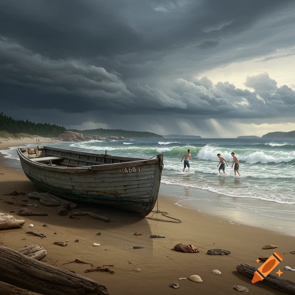 Photorealistic scene of an old wooden boat on a stormy beach with three boys playing in the ocean waves under dark, dramatic skies.