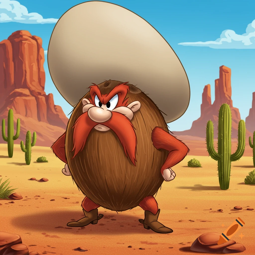 Cartoon Yosemite Sam with a coconut body, sombrero, and boots, standing in a desert landscape.