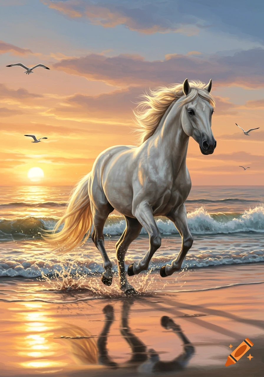 A majestic white horse with a flowing mane gallops through the shallow water on a sandy beach at sunset, with golden light reflecting on the water and seagulls flying above.