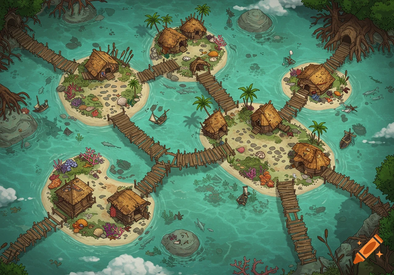 A top-down illustrated map of small islands connected by wooden bridges, with thatched huts, coral, palm trees, and clear turquoise water.