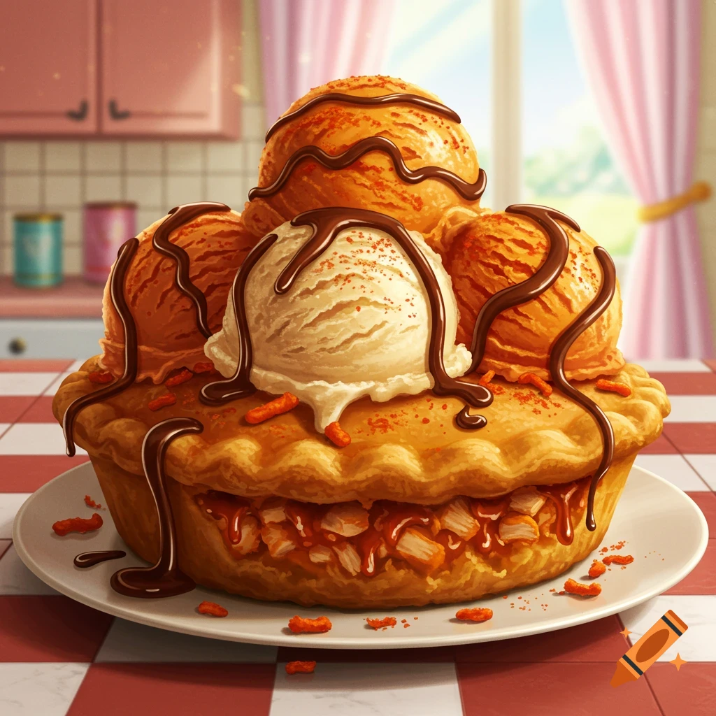 A whimsical pot pie topped with three scoops of ice cream, chocolate drizzle, and small orange crumbs, in a kitchen setting.