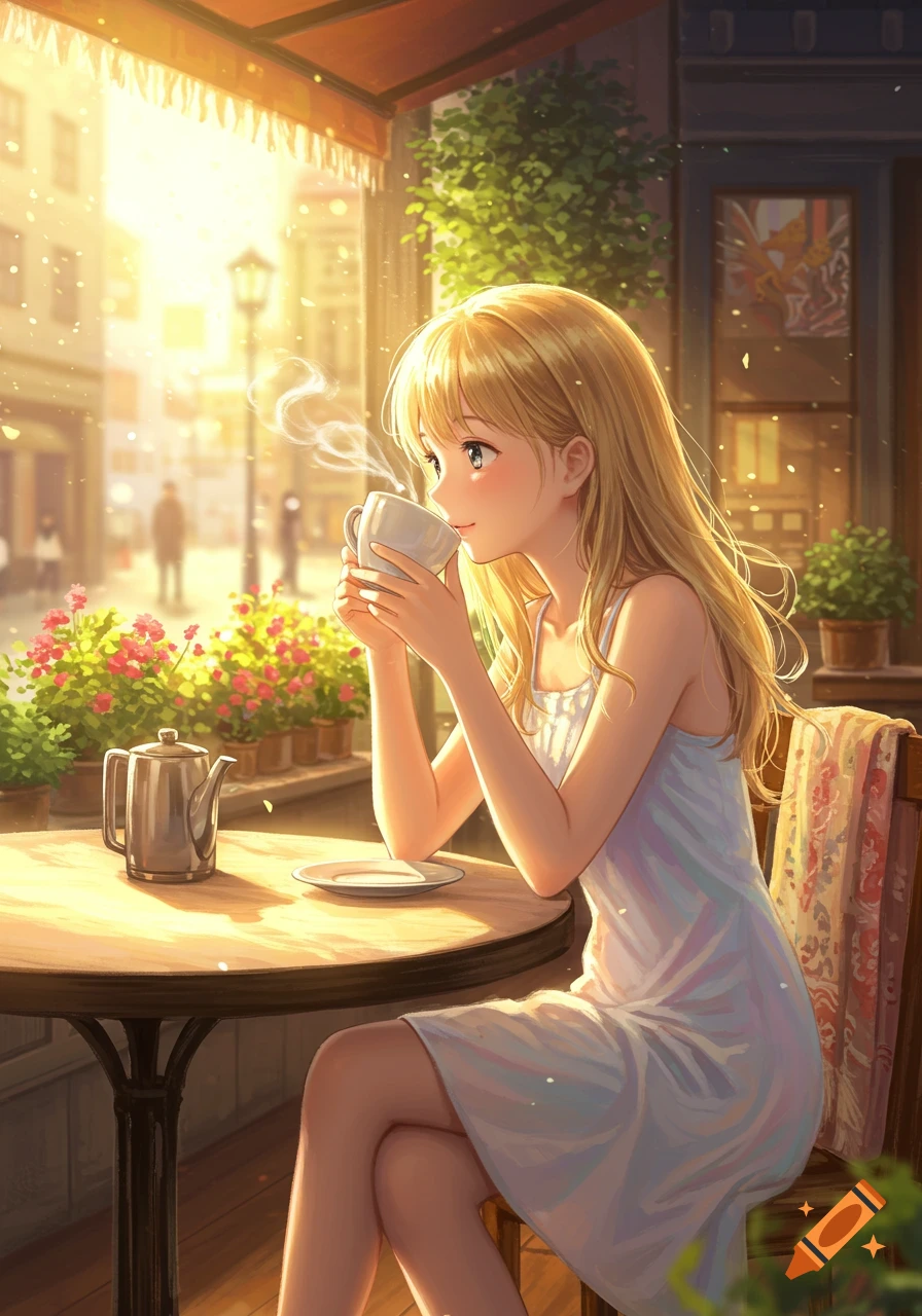 Anime-style blonde girl sips coffee at a sunny outdoor cafe table with a teapot and flowers.