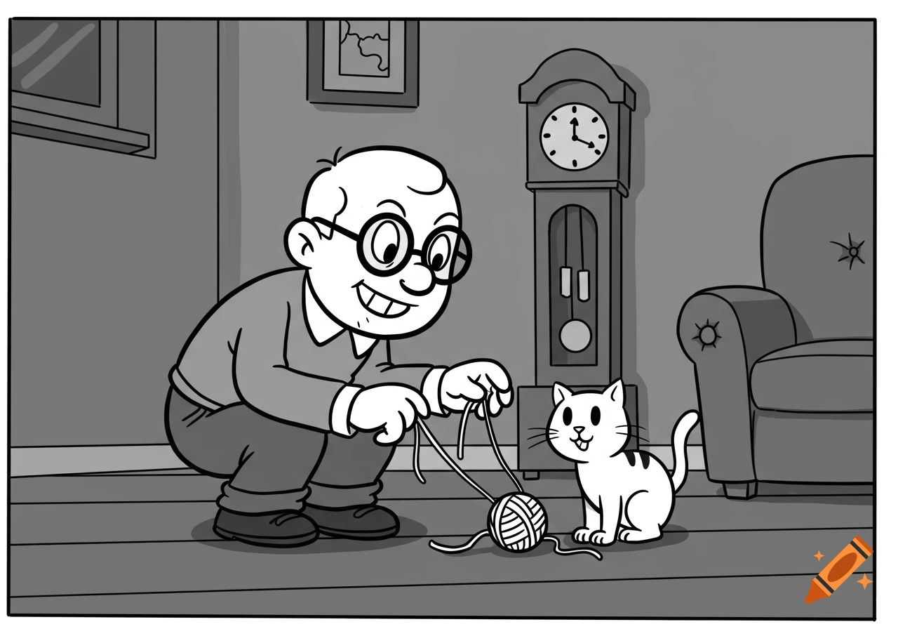 A black and white cartoon shows an old man crouching down to play with a white cat and a ball of yarn in a living room.