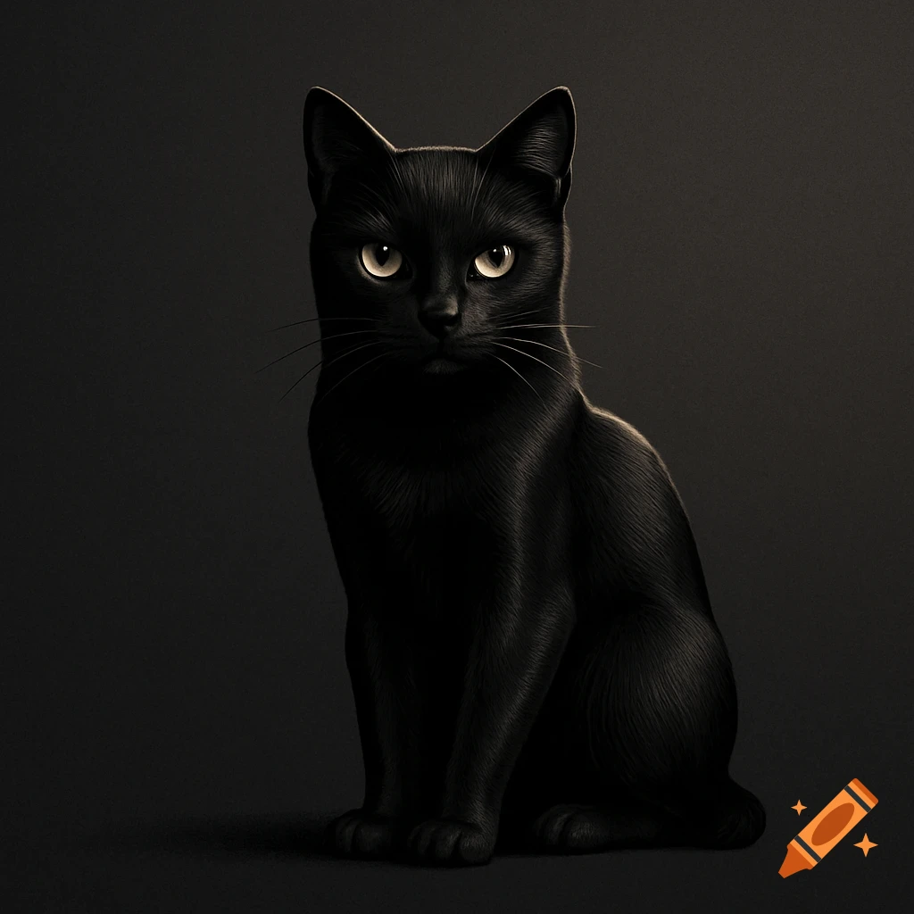 A photorealistic black cat with glowing yellow eyes sits against a dark, monochromatic background, looking at the camera.