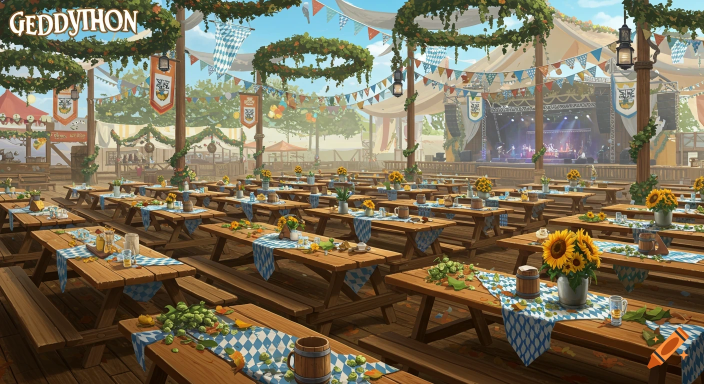 Empty outdoor festival ground with rows of decorated wooden tables, banners, and a distant stage. Text 'GEDDYTHON' in corner.