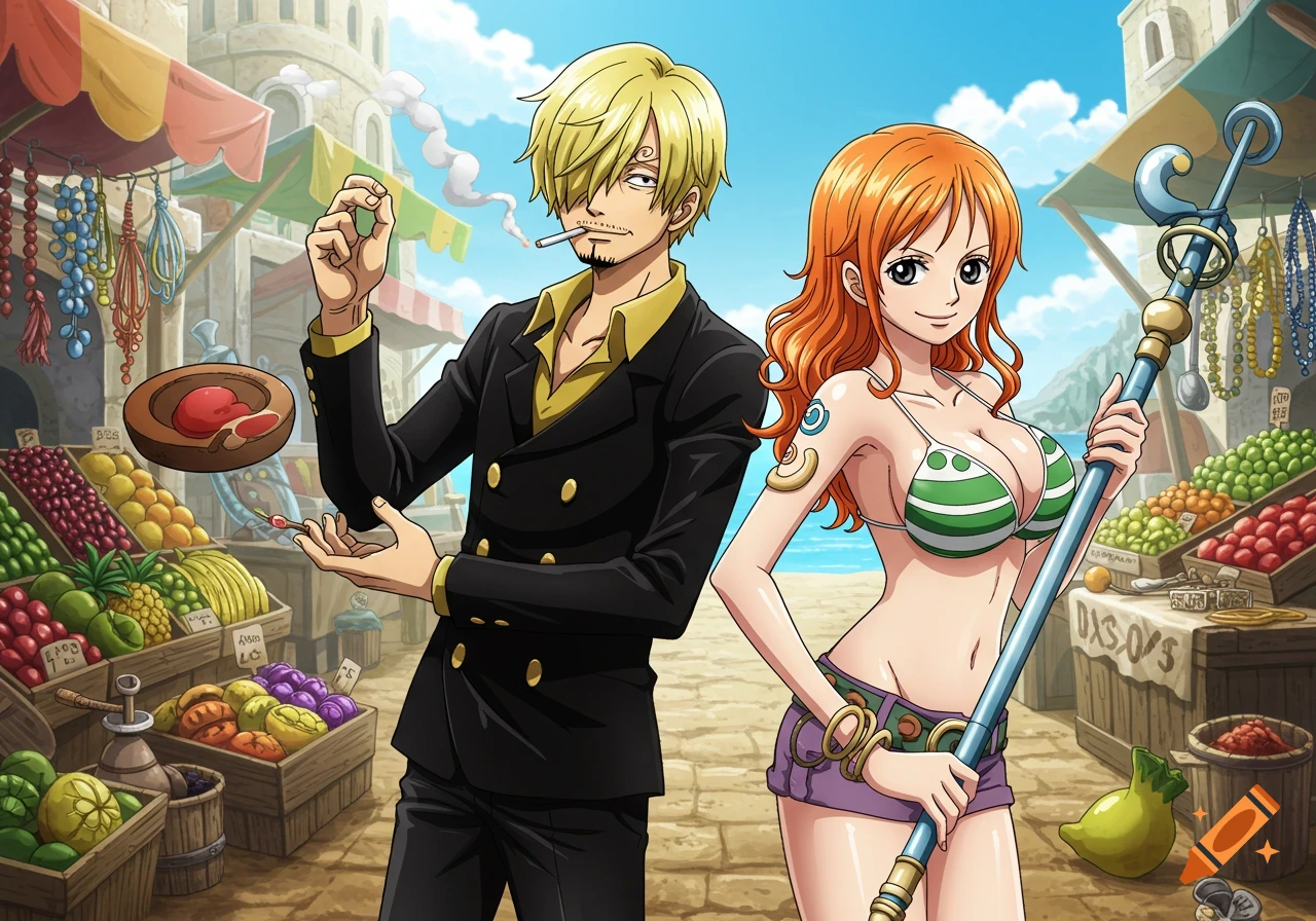 Anime characters Sanji and Nami stand in a bustling outdoor market filled with fruit stalls.