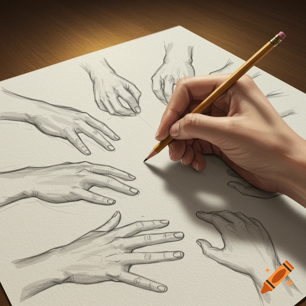 A hand holds a pencil, sketching various hand poses on a piece of paper.