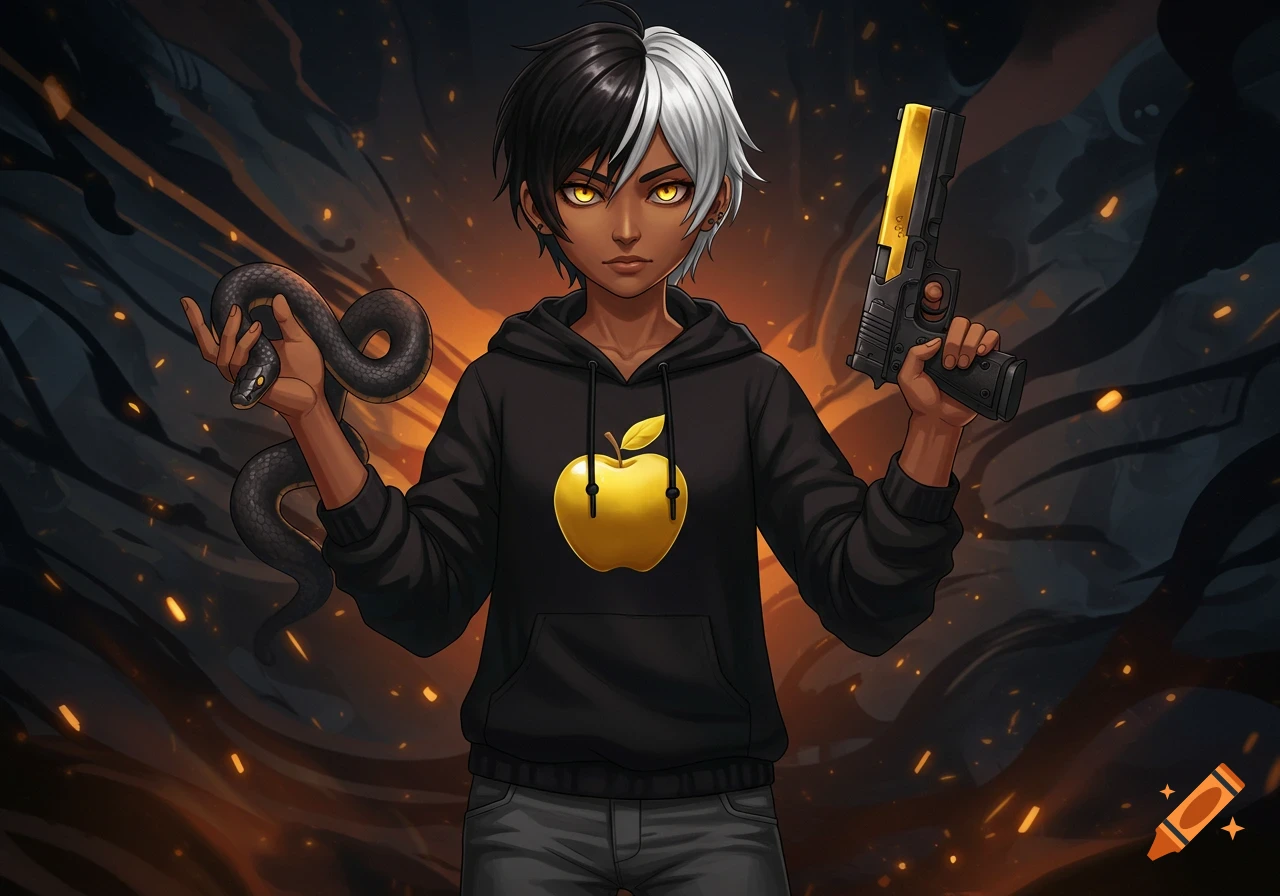 Anime character with split black and white hair, golden eyes, and a golden apple hoodie, holding a black snake and a pistol.