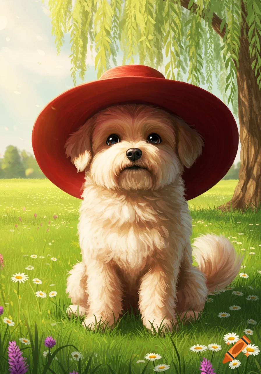 Fluffy light brown dog wearing a red hat sitting in a green field with flowers under a weeping willow tree, illustrated style.