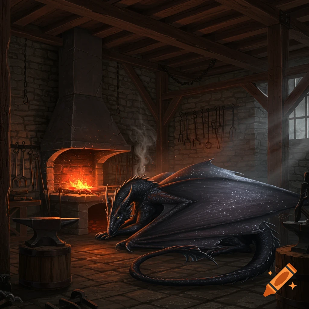 A black dragon with speckled wings sleeps on the floor of a rustic blacksmith shop, beside a glowing forge.