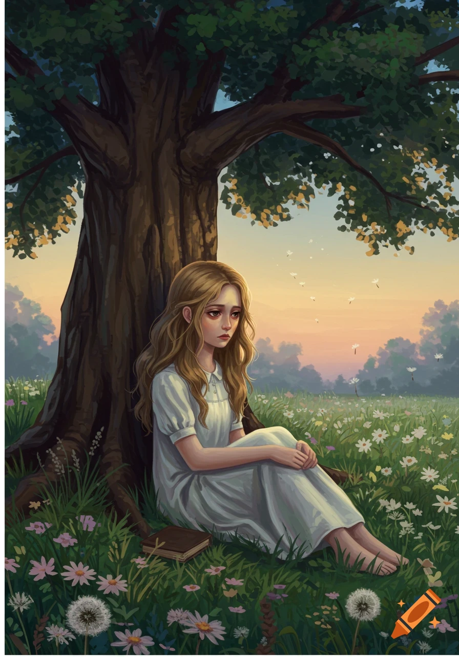 A sad young girl with long brown hair sits barefoot under a large tree in a field of wildflowers during sunset, with a book beside her, in a digital painting style.