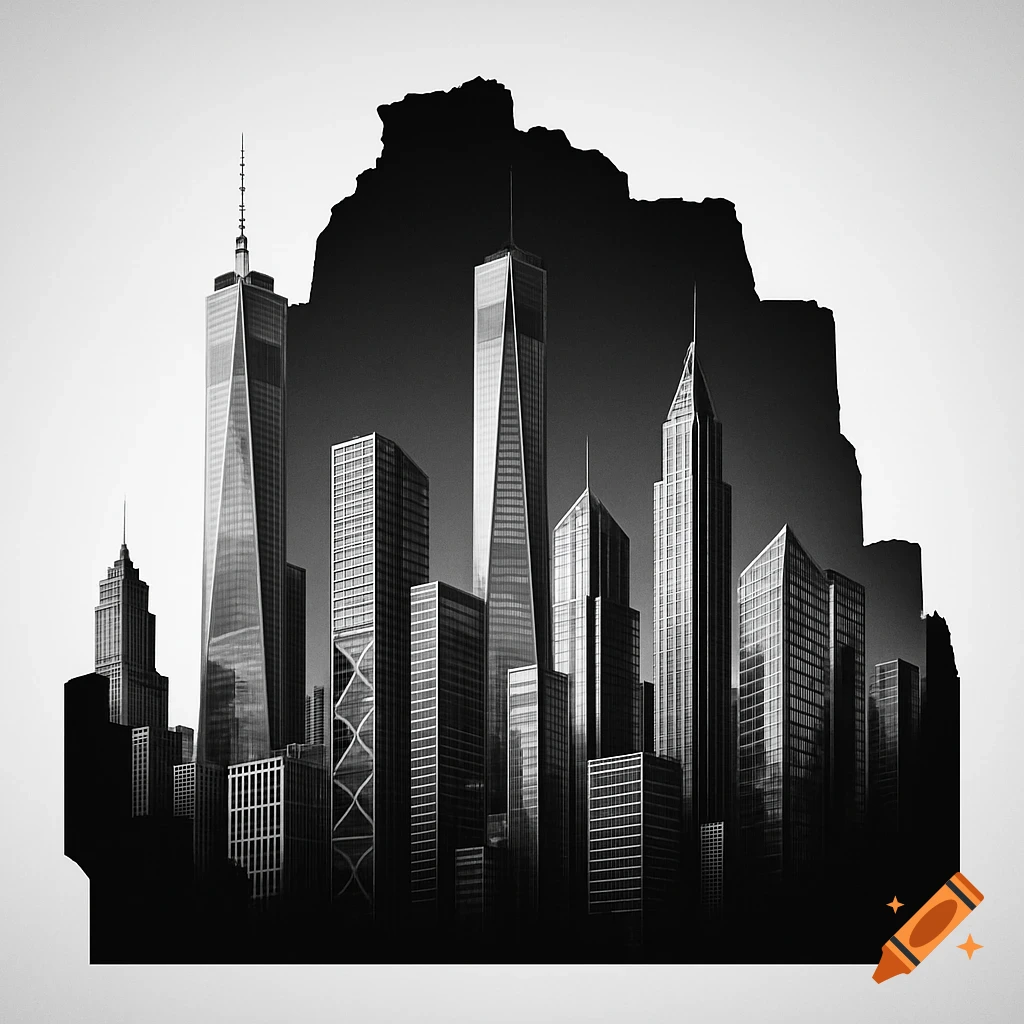 A black and white silhouette of a modern cityscape with tall buildings against a light background.