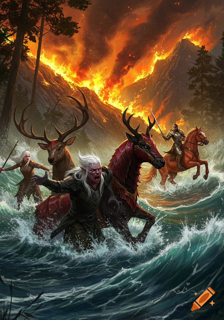 An epic fantasy scene depicts elves, armored stags, and a knight on horseback fleeing a raging forest fire and turbulent floodwaters.