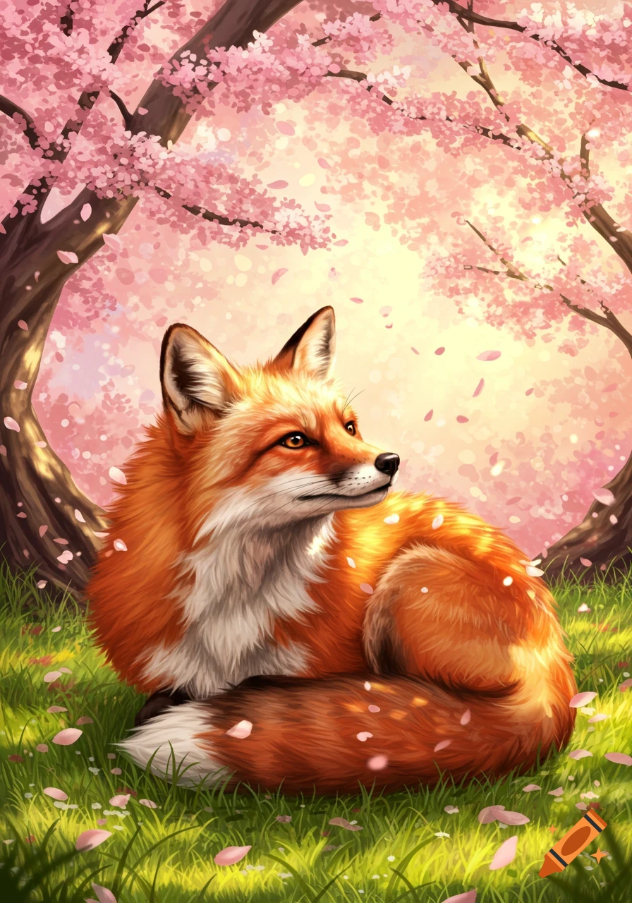 An illustrative painting of a red fox with white chest and belly, lying in green grass under pink cherry blossom trees with petals falling.