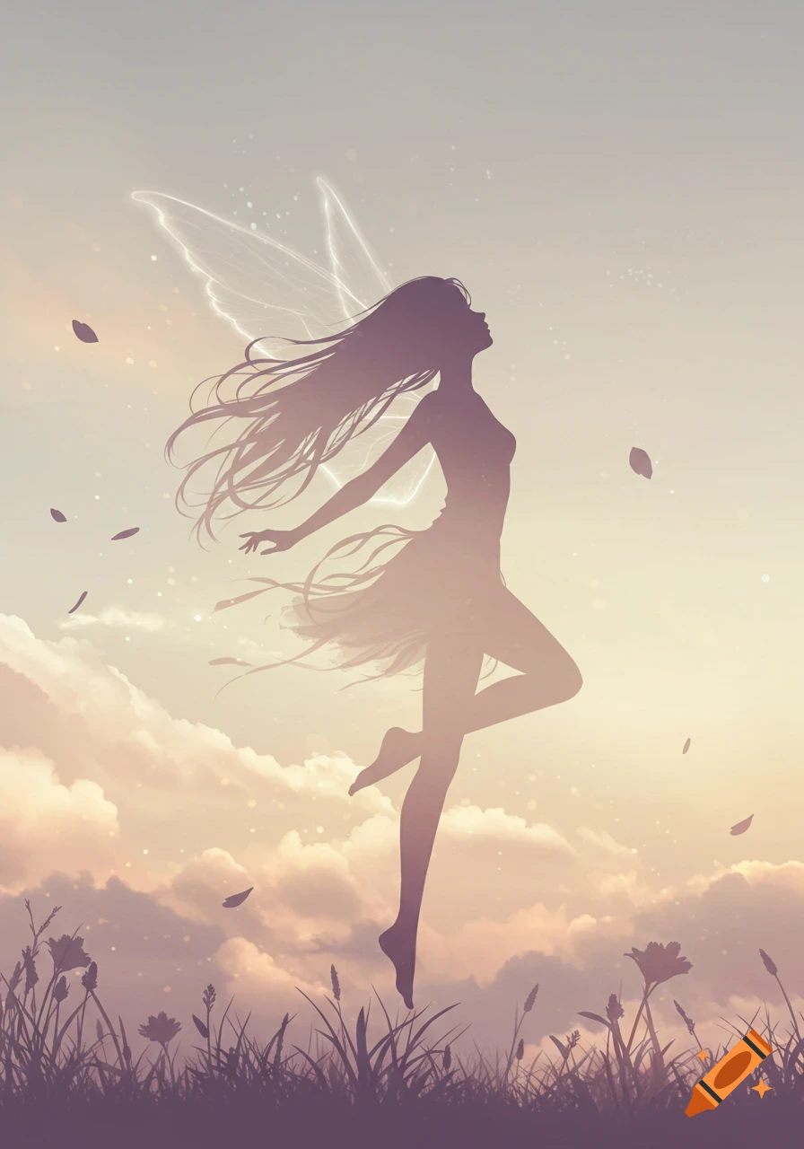 A silhouette of a fairy with glowing wings dances in a grassy field under a pastel sky with clouds, in a digital art style.