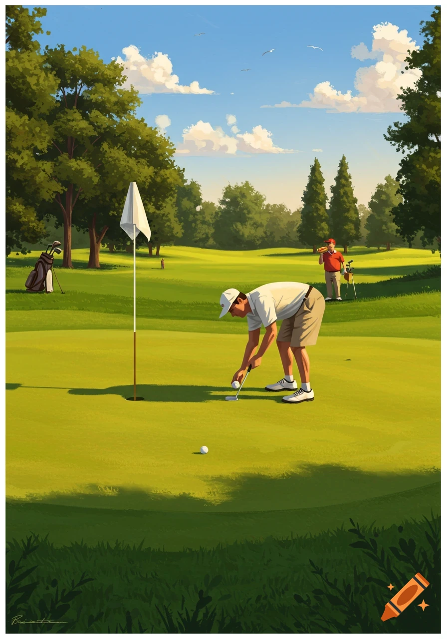 An illustration of two golfers on a sunny golf course. One golfer bends to pick up a ball, while another eats a hot dog.
