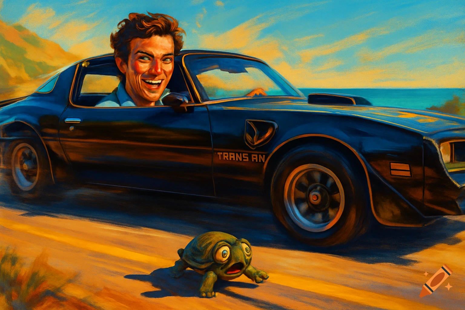 A smiling man drives a black Pontiac Trans Am along a coastal road with a terrified turtle in front, in a painterly style.