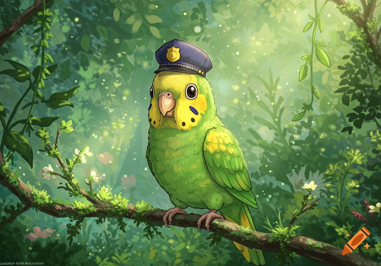 Studio Ghibli-style illustration of a cute green and yellow parrot wearing a police hat, perched on a branch in a magical forest.