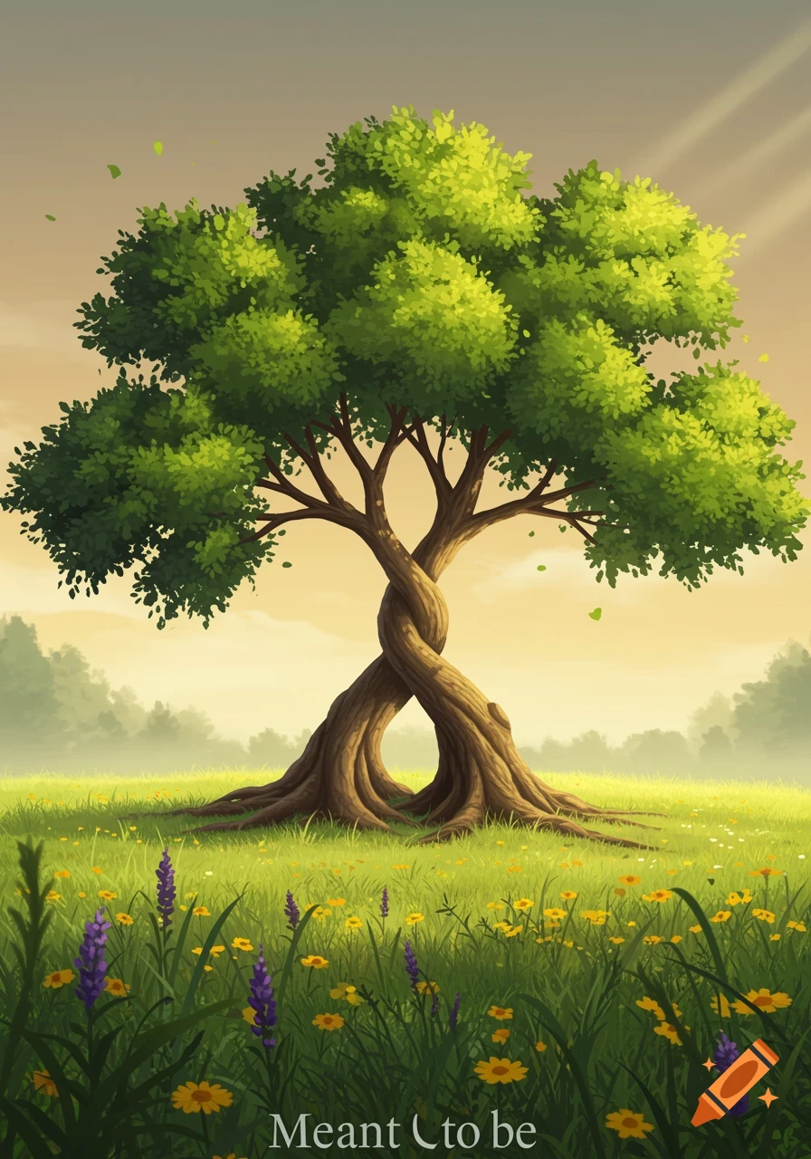 Stylized illustration of two intertwined trees forming a heart in a grassy field with flowers under a soft sky, with 'Meant to be' text.