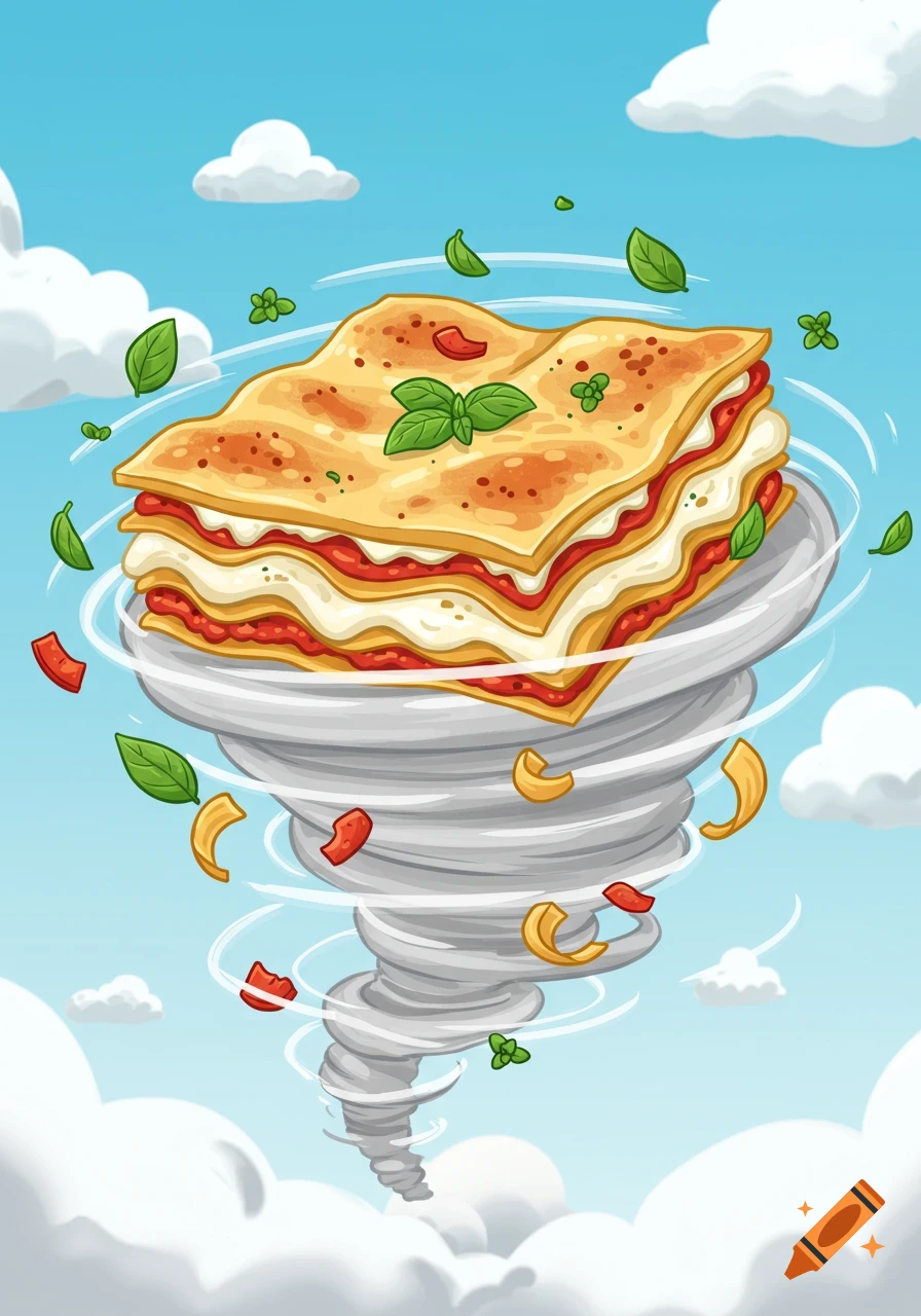 Cartoon lasagna caught in a tornado, swirling in a blue sky with clouds and flying food bits.