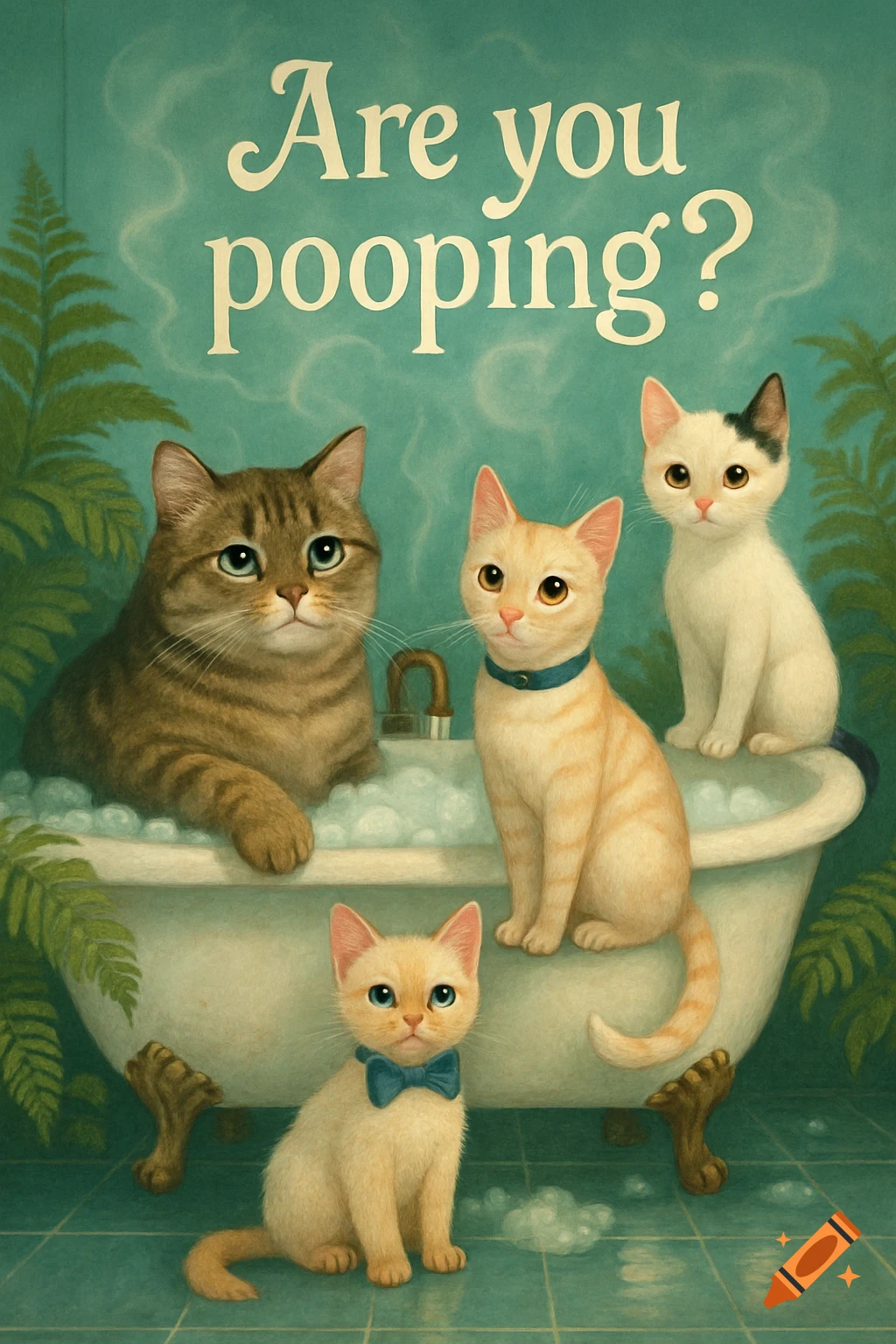 Four stylized cats in and around a clawfoot bathtub with bubbles. One large brown tabby is in the tub, an orange tabby sits on the edge, a white cat with a black ear sits on the edge, and a cream kitten with a blue bow tie sits on the floor. Text at the top reads, "Are you pooping?"