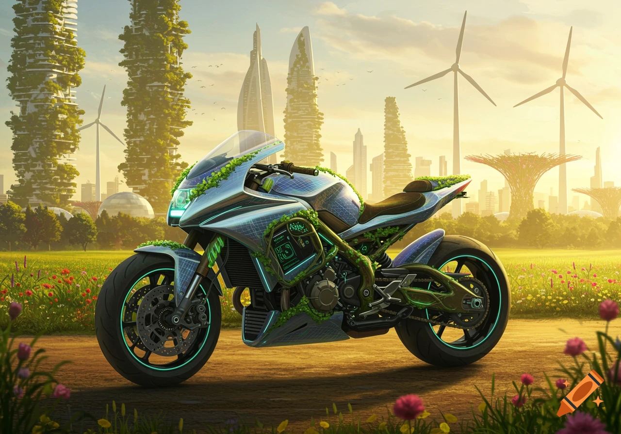 A futuristic, eco-friendly solarpunk motorcycle with solar panels and vines on a dirt path, with green skyscrapers and wind turbines.