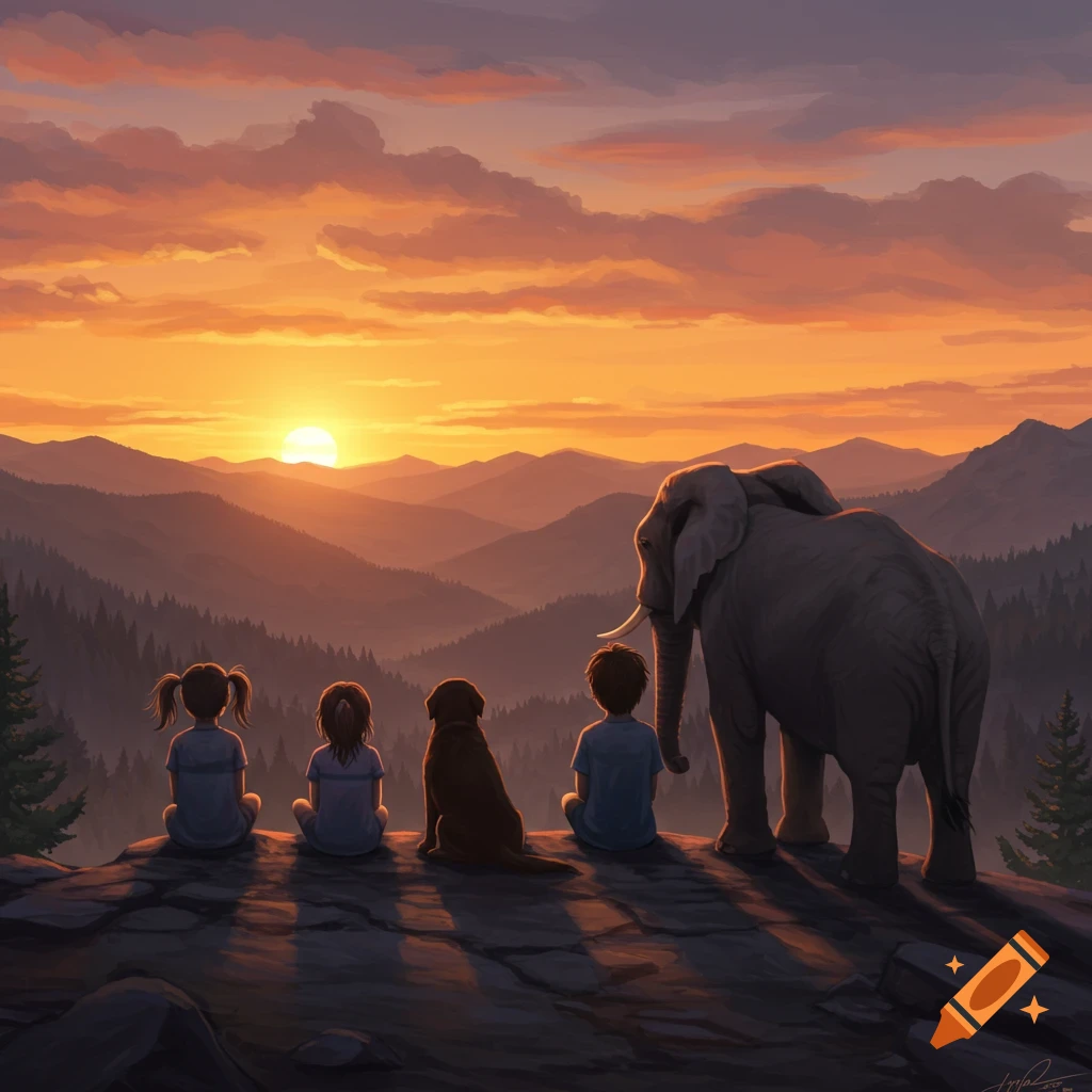 Two children, a dog, and an elephant sit on a rock, watching a vibrant sunset over a mountain valley.