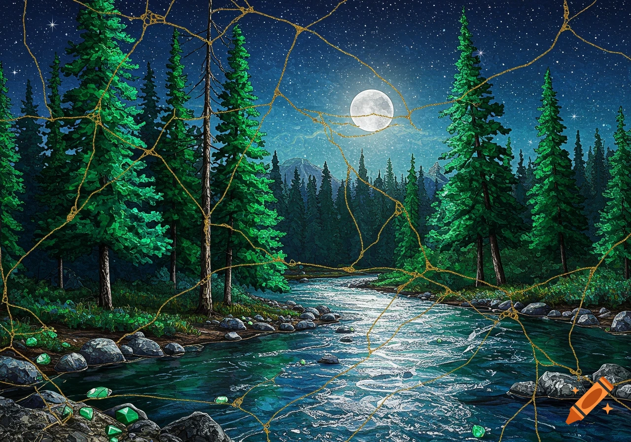 A moonlit forest river scene with emeralds on the banks, covered in a golden Kintsugi-like web.