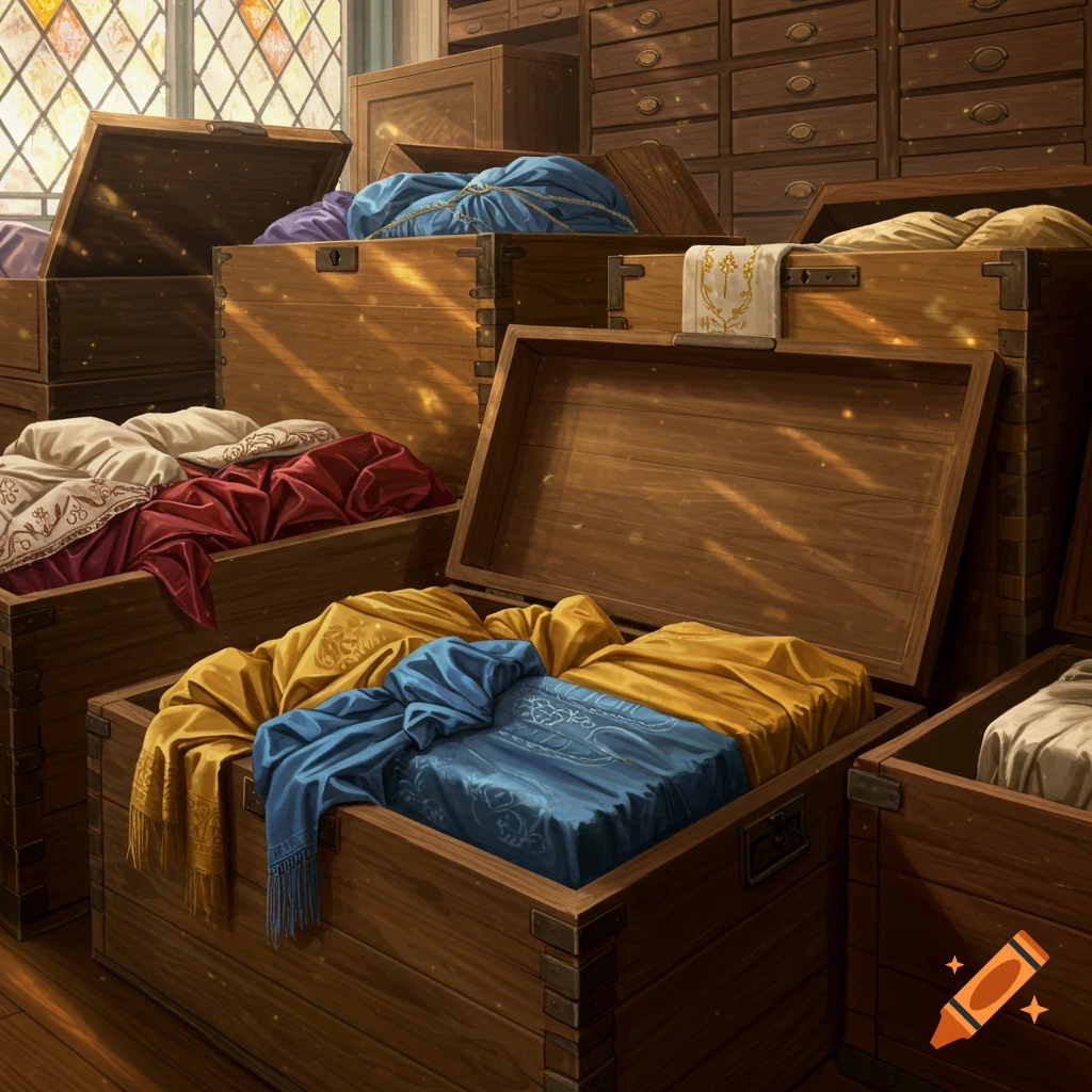 A room filled with open wooden chests and boxes overflowing with colorful fabrics and clothing, illuminated by sunlight through a stained glass window.