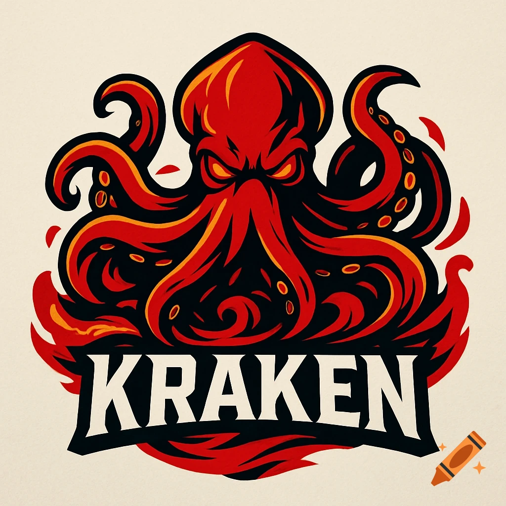 A red and black stylized Kraken logo with an angry face and tentacles, with the word "KRAKEN" in bold white letters below it.