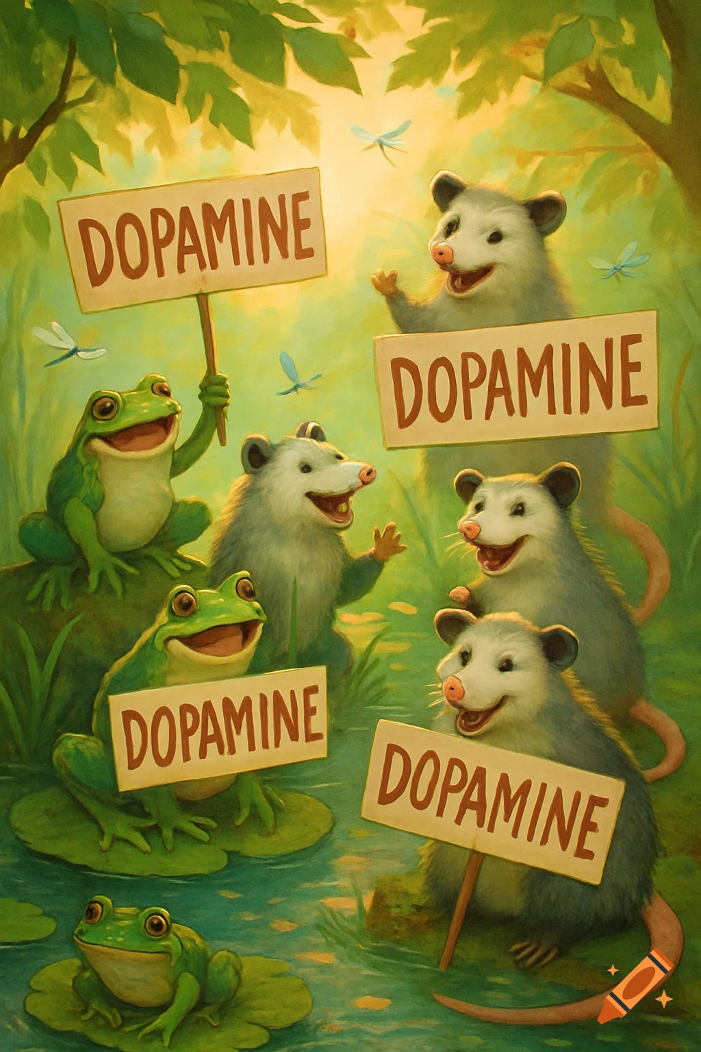 Happy cartoon frogs and opossums in a lush forest hold up signs that say "Dopamine" in a cheerful illustration.