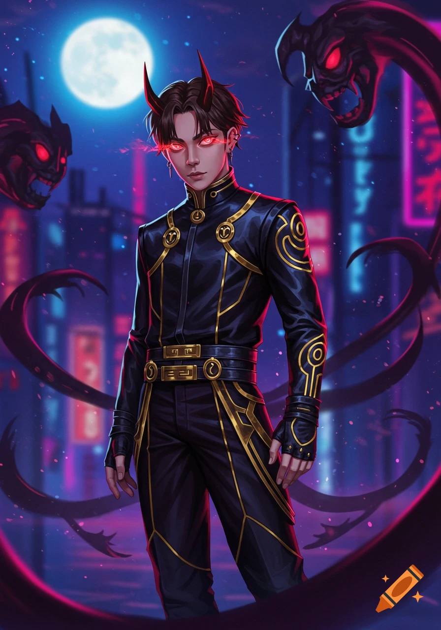 An anime-style demon hunter with red horns and glowing eyes, wearing a black and gold suit, stands in a neon city at night with shadowy creatures.