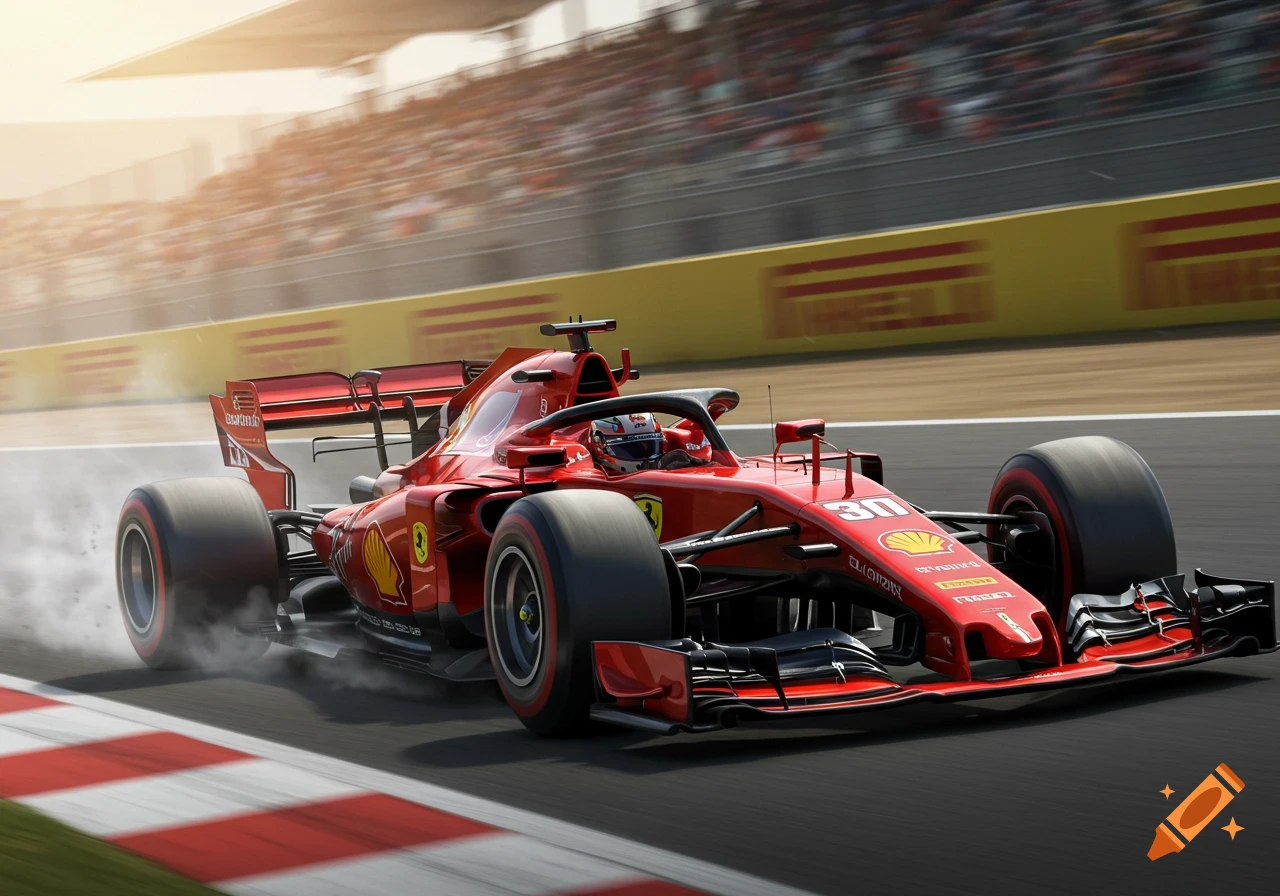 A red Formula 1 race car speeds around a track, creating smoke behind its rear wheels. Spectators are blurred in the grandstands under a bright sun.
