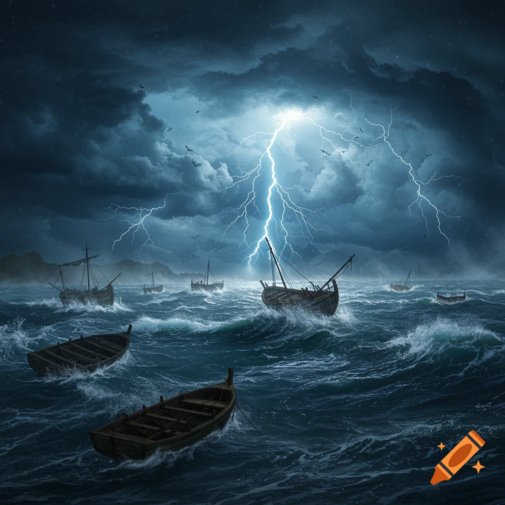 Several wooden boats in a stormy, dark blue sea with large waves under a dark, cloudy sky with a bright lightning strike.