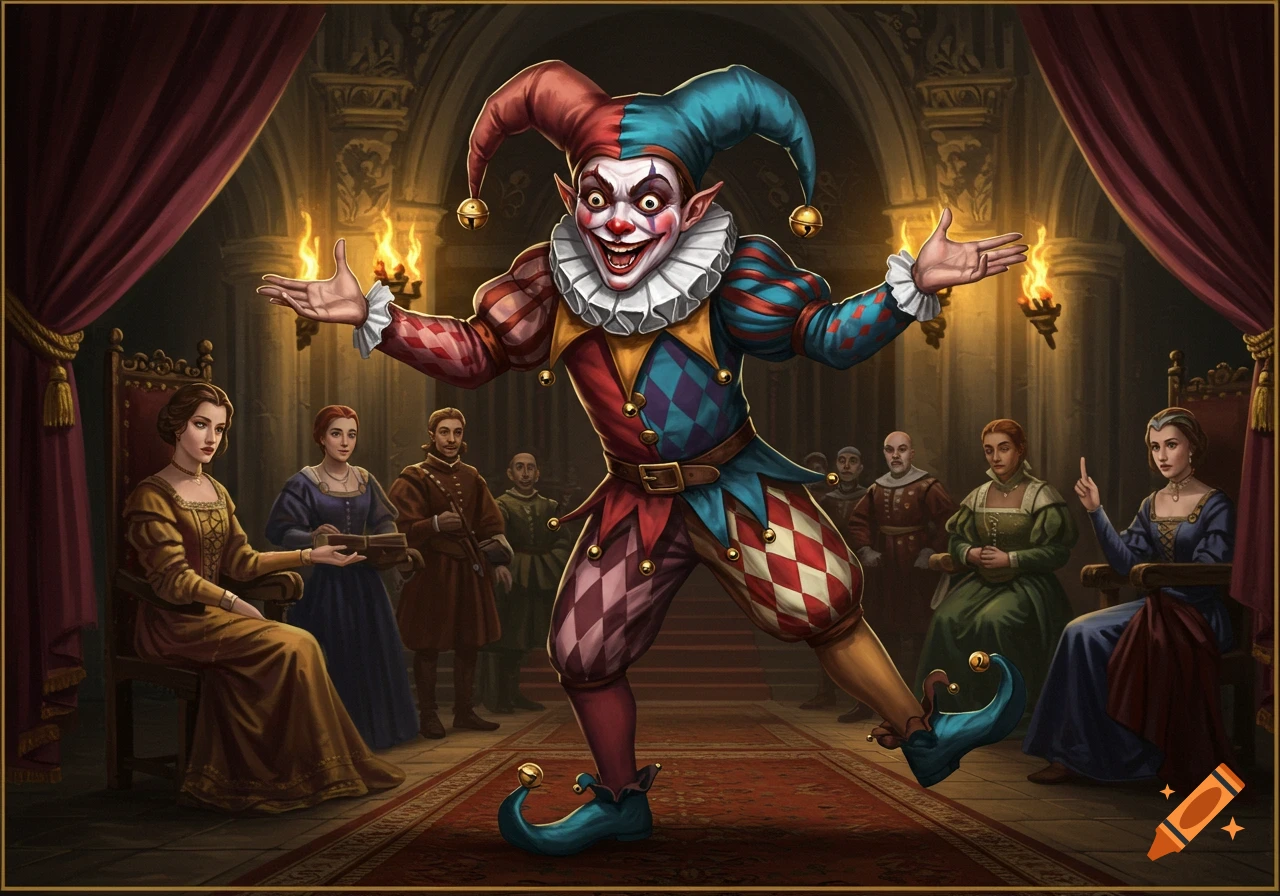 A grinning jester in a red and blue harlequin costume entertains a royal court in a grand hall.