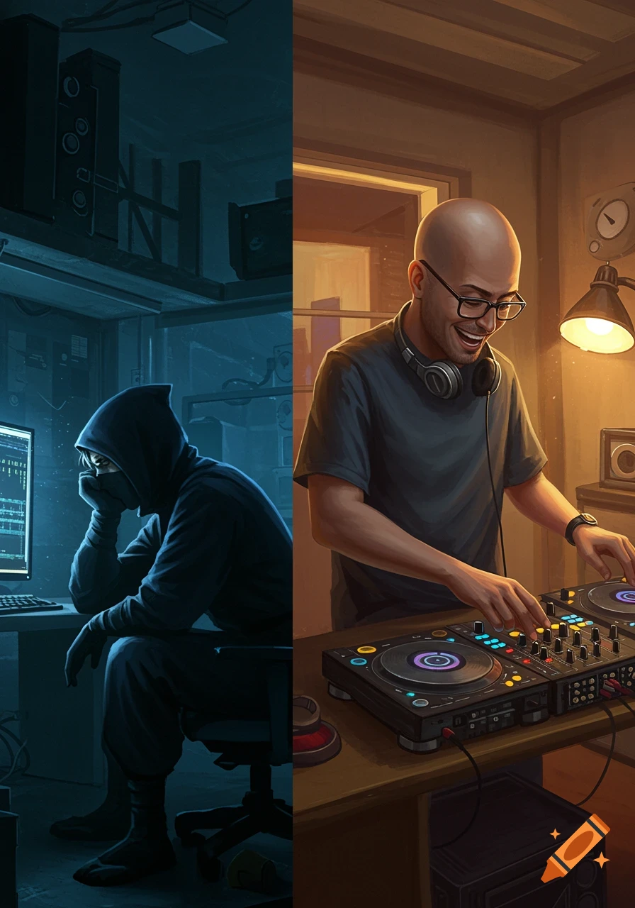 A diptych showing two game developers. On the left, a developer in a dark room is hunched over a computer screen, looking tired. On the right, a bald developer with glasses is smiling while mixing tunes on DJ decks.