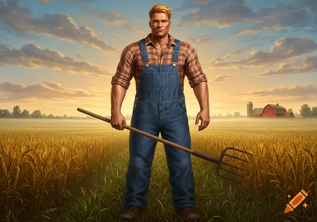 A muscular male farmer in overalls holds a pitchfork, standing in a golden wheat field at sunset with a barn and silo in the distance. Realistic.