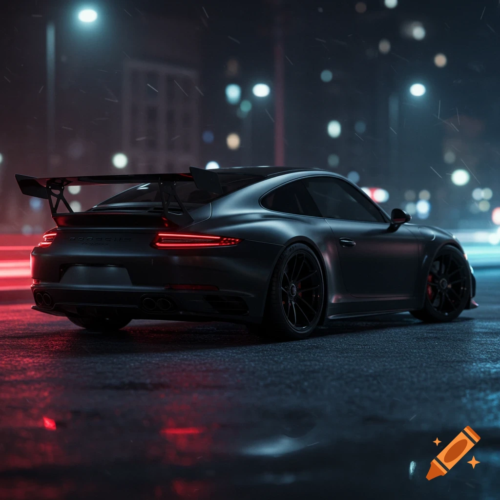 Matte black Porsche 911 with a rear wing on a wet city street at night with blurred lights. Photorealistic.