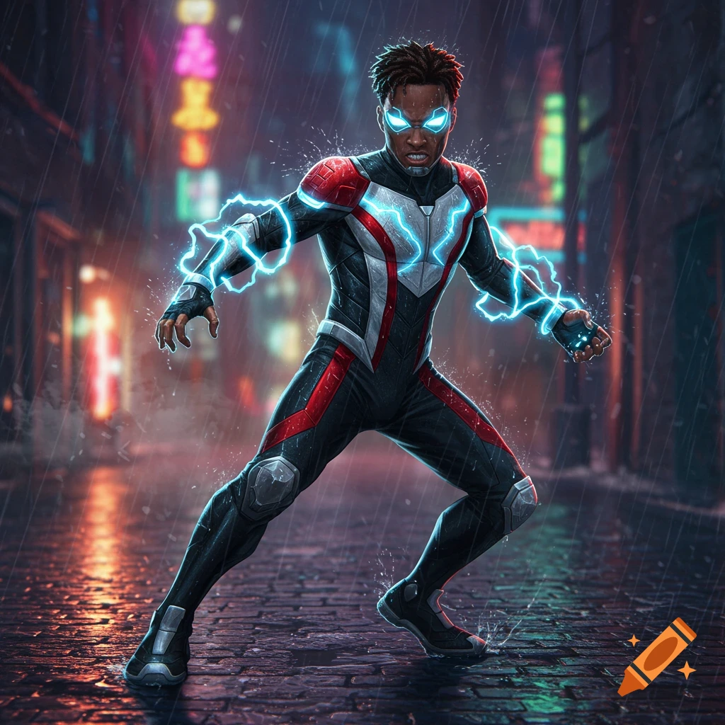 A male superhero with glowing blue eyes and bio-electricity powers, wearing a black, white, and red suit, stands in a rainy cyberpunk city at night.