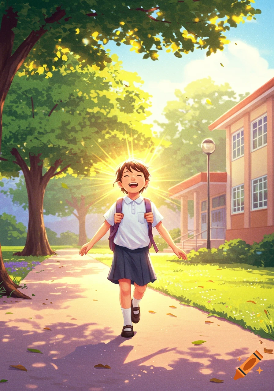 A happy child in a school uniform walks on a sunlit path towards a school building in an illustration style.
