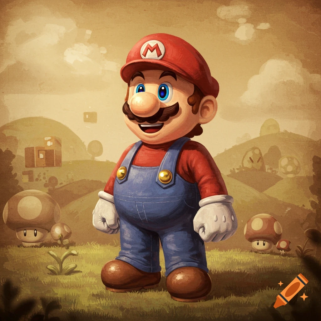 Vintage illustration of Mario standing in a classic Super Mario Bros. landscape with mushrooms and hills.