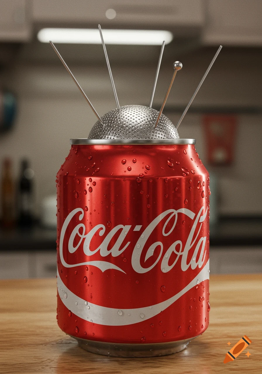 Photorealistic image of a red Coca-Cola can with water droplets, featuring a metal stitch holder resembling an antenna.
