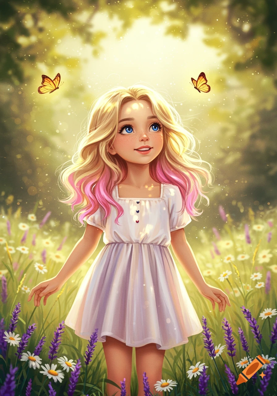 A blonde girl with pink highlights looking up at butterflies in a sunny meadow of lavender and white flowers, digital illustration.
