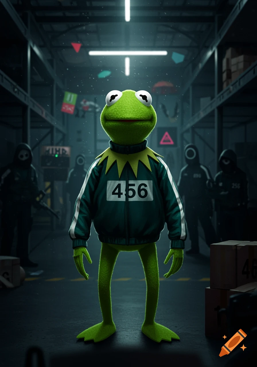 Kermit the Frog wearing a green and white Squid Game tracksuit with the number 456, standing in a dimly lit warehouse with masked figures in the background.